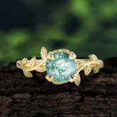 Round Cut Natural Moss Agate Nature Inspired Leaf Engagement Ring